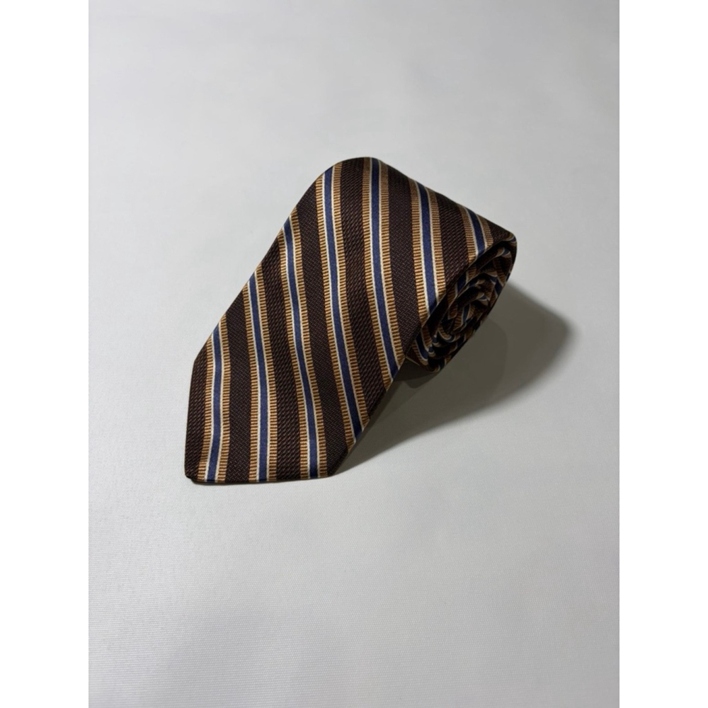 Hart Schaffner Marx Brown Gold Blue Stripe Silk Tie Classic Repp Stripe USA
